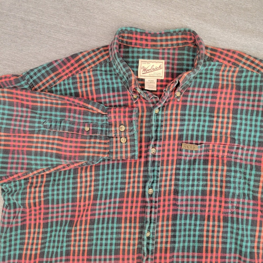 Woolrich Mens XL Flannel Shirt Red Teal Plaid Cotton Button Down Long Sleeve